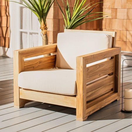 SAFAVIEH Guadeloupe Outdoor Teak Club Chair, Natural & White CPT1007A